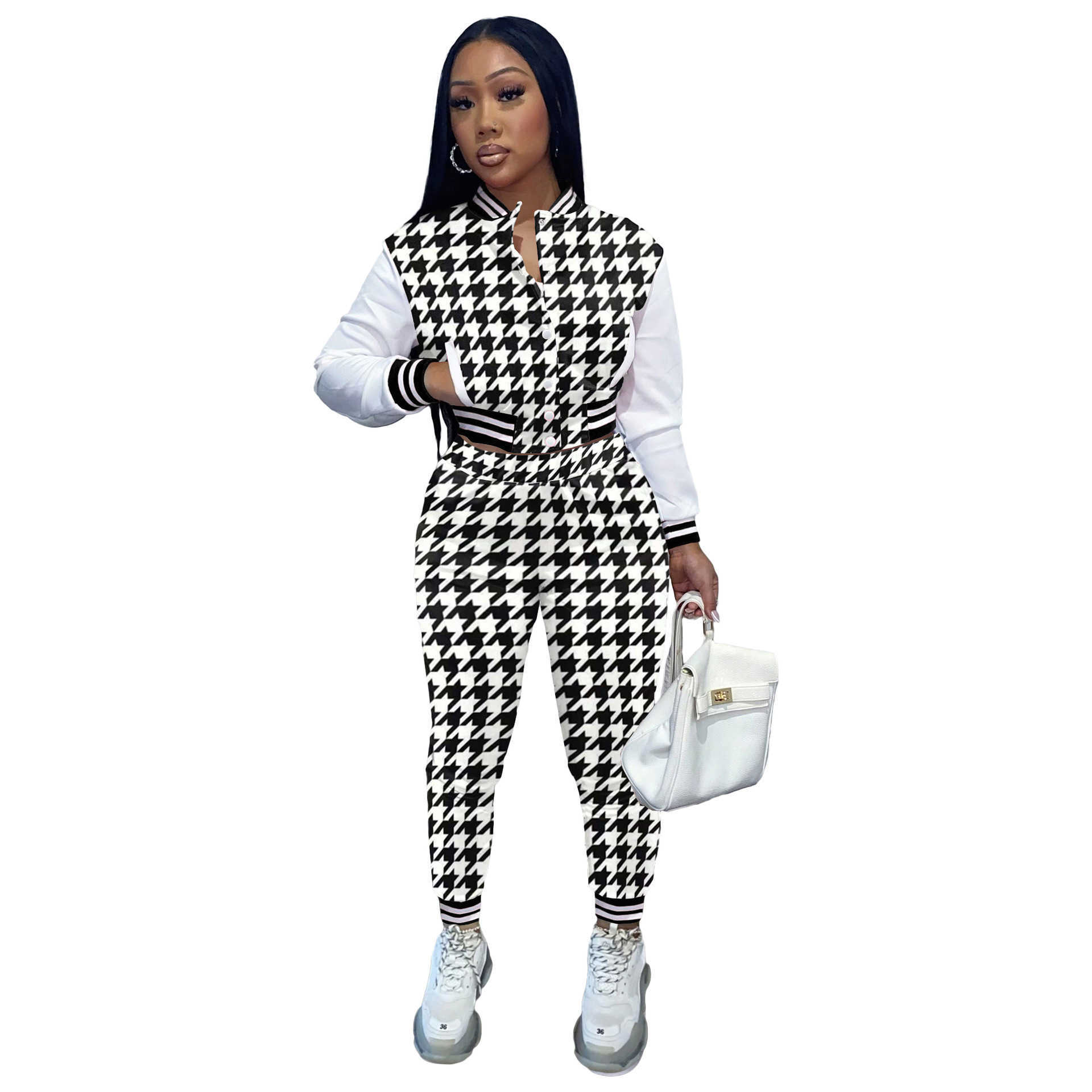 women tracksuits sport suits Stylish Long Fashion Casual Set Printed Panel Long Sleeve Baseball Jacket Two Piece Set