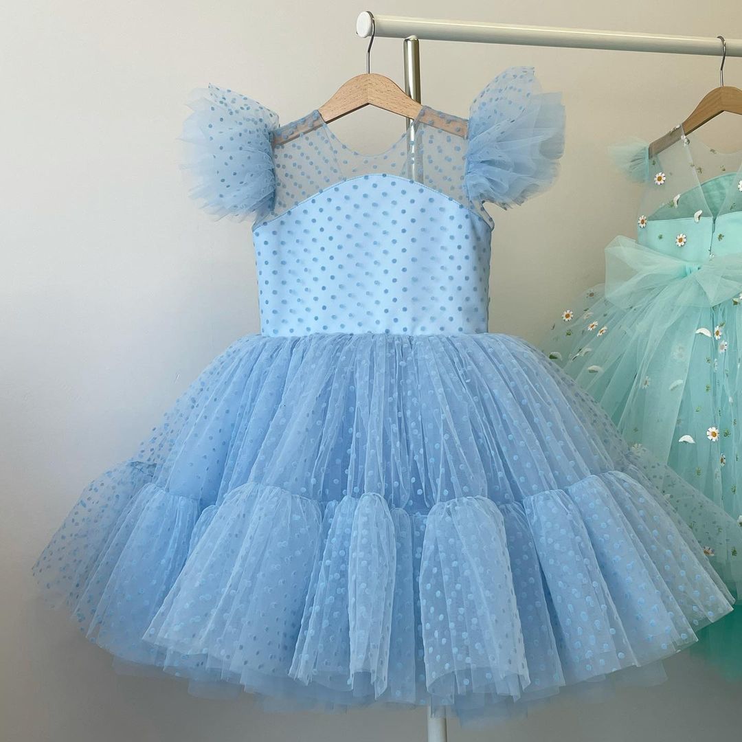 Girl's Dresses 4-10T Kids Girls Elegant Dress for Evening Party Little Girl Dots Tulle Princess Gown Children Clothing Blue Wedding Vestidos 2303