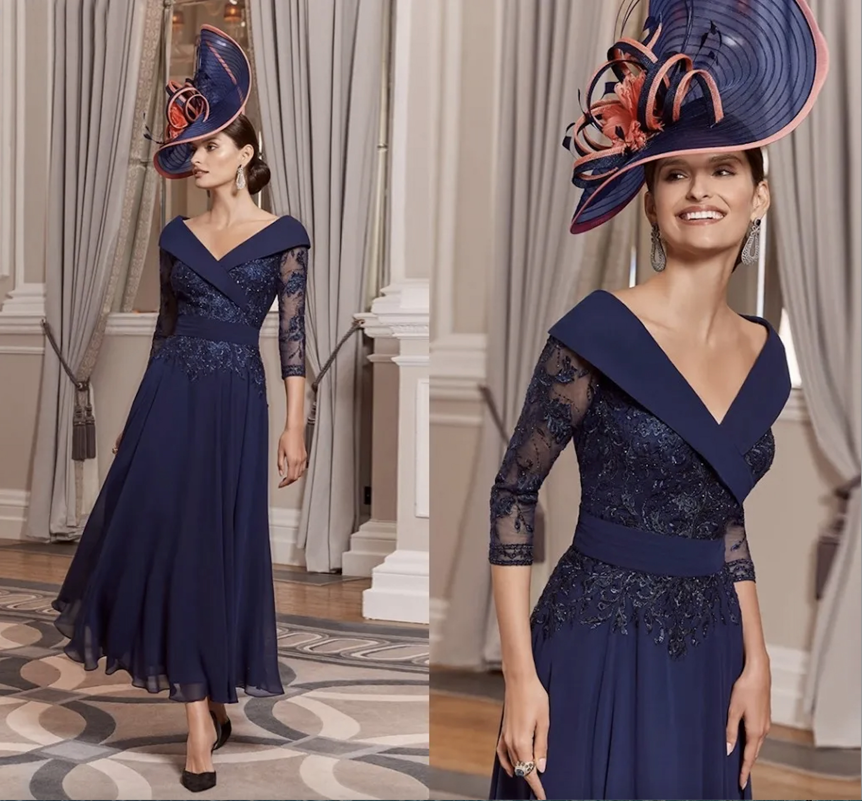 Elegant Dark Navy Mother Of The Bride Dresses A Line Chiffon Lace Appliqued V Neck Women Formal Party Gowns 3/4 Long Sleeves Ankle Length Wedding Moth