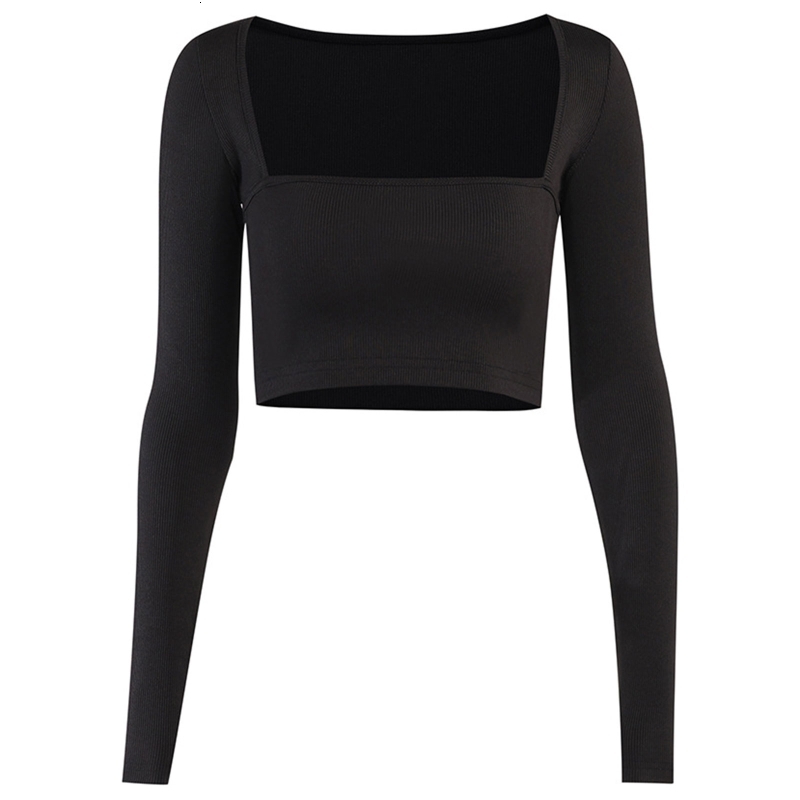 Women's Polo Long Sleeve Bodycon Crop Top Sexy Square Neck Solid Color Basic TShirts 230317Z