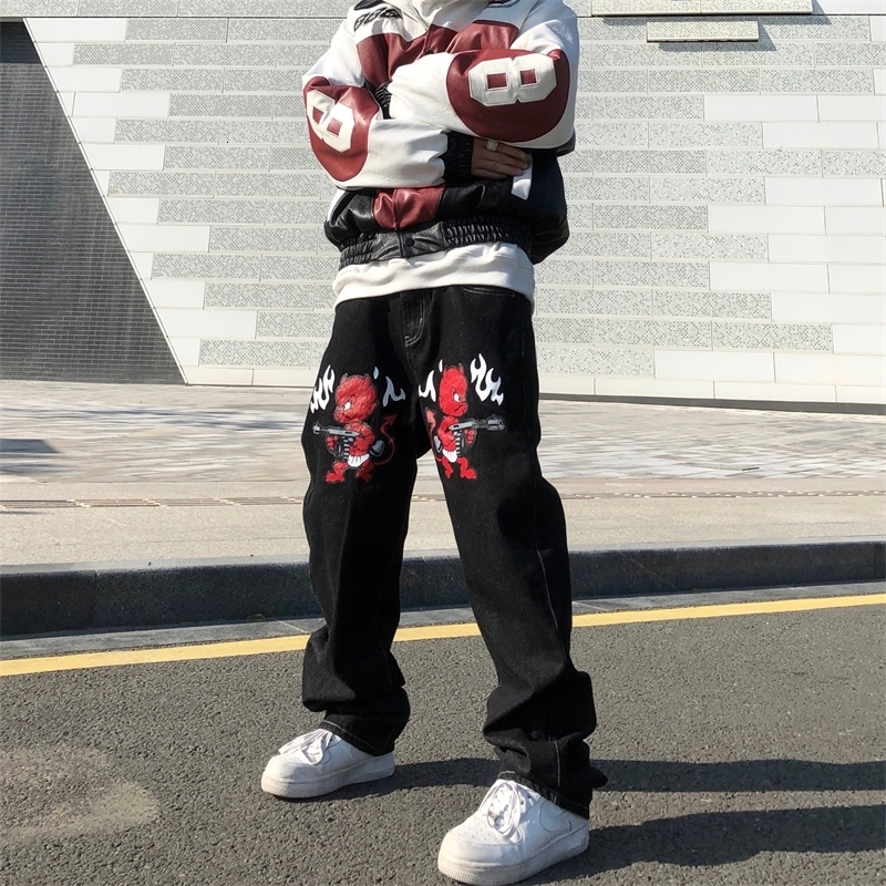 Mens Jeans Devil Printed High Street Vintage Y2K Clothes Black Baggy Straight Trousers Streetwear Wide Leg Pants Men 230317