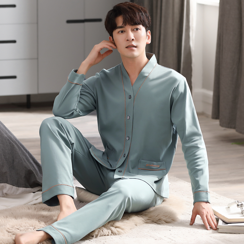 Men's Sleepwear Men's 100% Cotton Pajamas Set Trendy Casual Nightwear Long Sleeve V-neck Nightie Spring Autumn Loose Sleepwear Plus Size 230