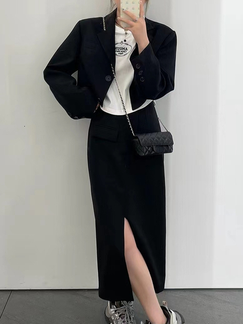 Two Piece Dress Autumn Women Vintage Blazer Skirts Suit Casual Cropped Jackets High Waist Bodycon Saya 2 Pieces Set Female Fashion Clothes 230320
