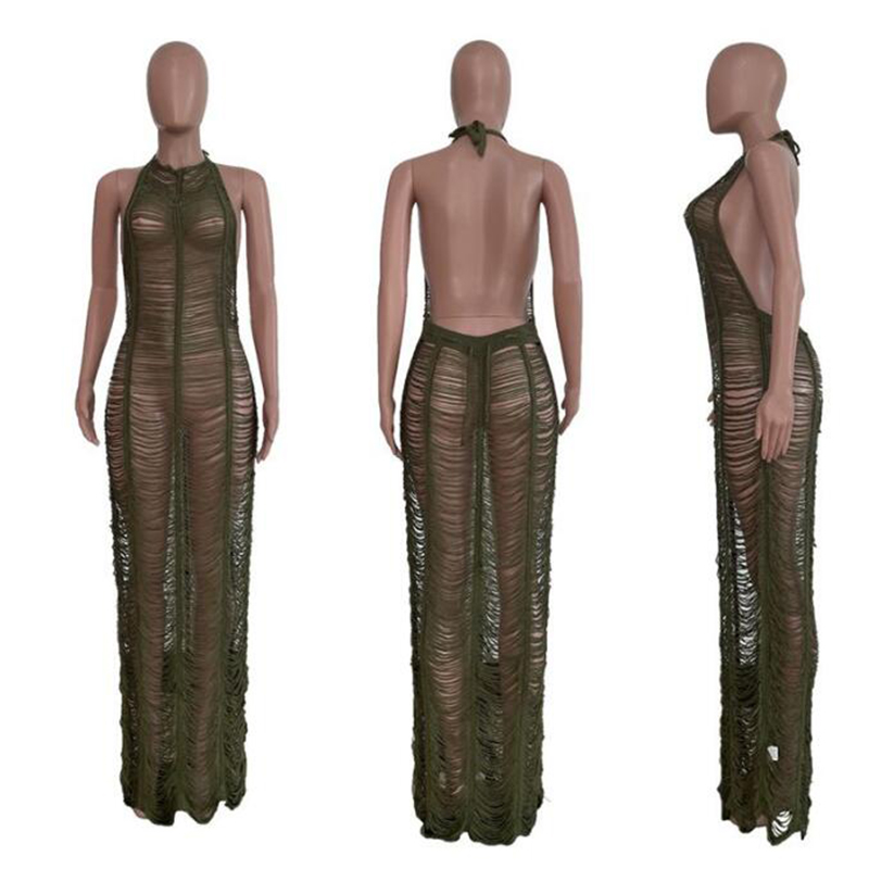 Casual Dresses Sexy Crochet Knitted See Through Long Maxi Beach Dress Summer Sleeveless Halter Backless Cover Up Holiday Vestido