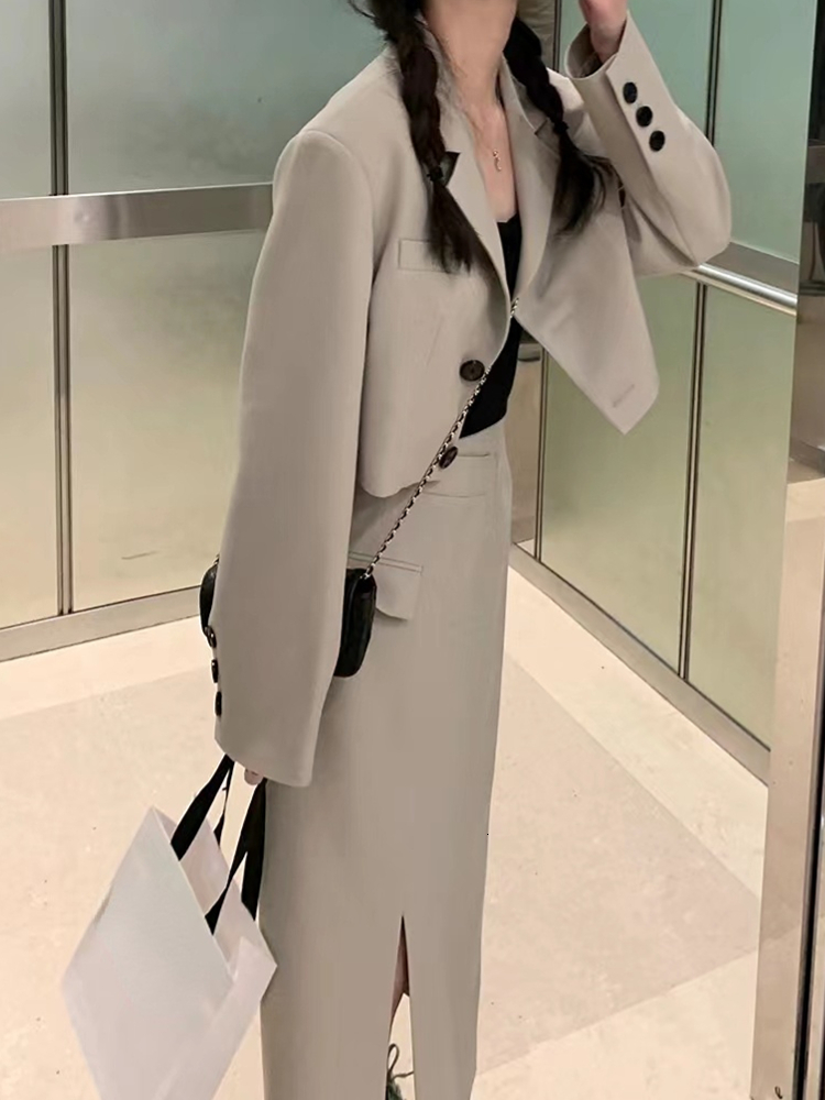 Two Piece Dress Autumn Women Vintage Blazer Skirts Suit Casual Cropped Jackets High Waist Bodycon Saya 2 Pieces Set Female Fashion Clothes 230320