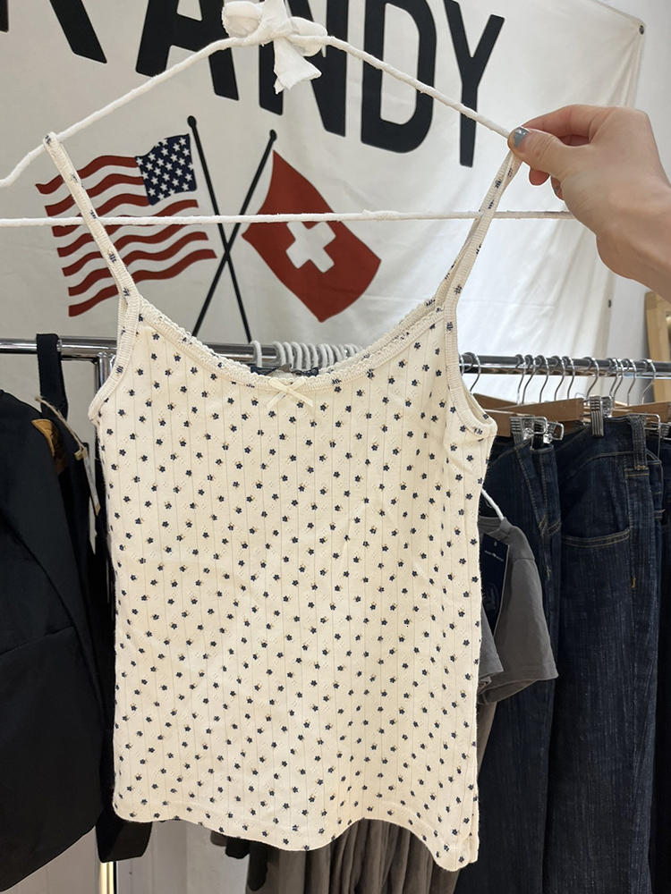 Women's Tanks Camis Chic Floral Print Slim Tank Top Summer Vintage Cute Beige Bow Soft Cotton Y2k Vests Harajuku Sweet Sleeveless Crop 230317