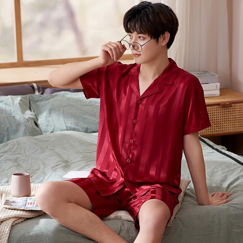 Men's Sleepwear men's pajamas short sleeve shorts pajamas thin ice silk lapel cardigan solid color simple comfortable men's home clothe