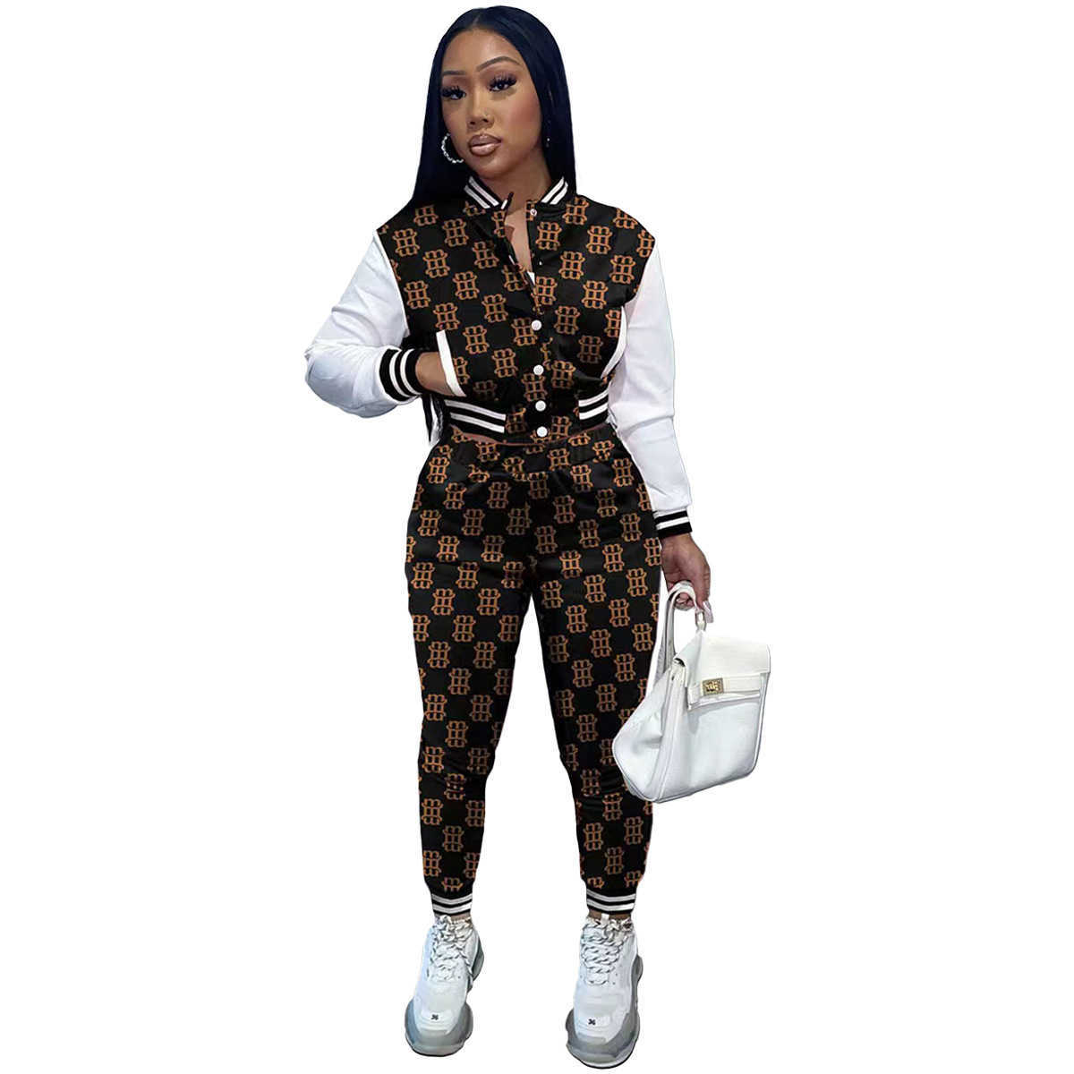 women tracksuits sport suits Stylish Long Fashion Casual Set Printed Panel Long Sleeve Baseball Jacket Two Piece Set