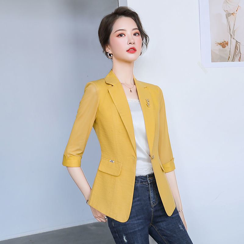 Women's Suits Blazers Thin Spring Summer Office Lady Fashion Notched Business Casual Pocket Solid Skinny Simple Three Quarter Sleeve Women's