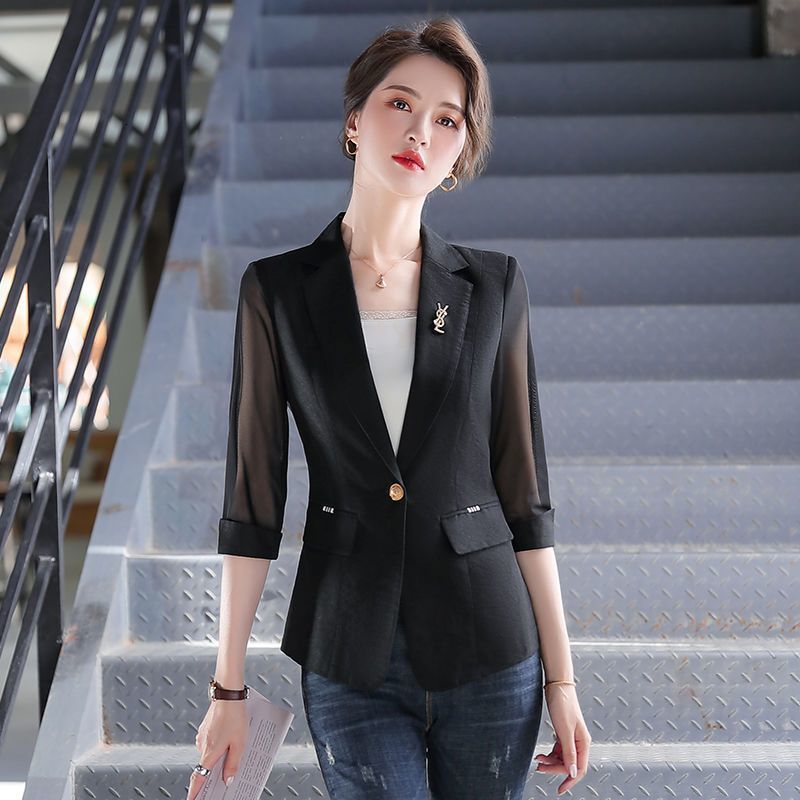 Women's Suits Blazers Thin Spring Summer Office Lady Fashion Notched Business Casual Pocket Solid Skinny Simple Three Quarter Sleeve Women's