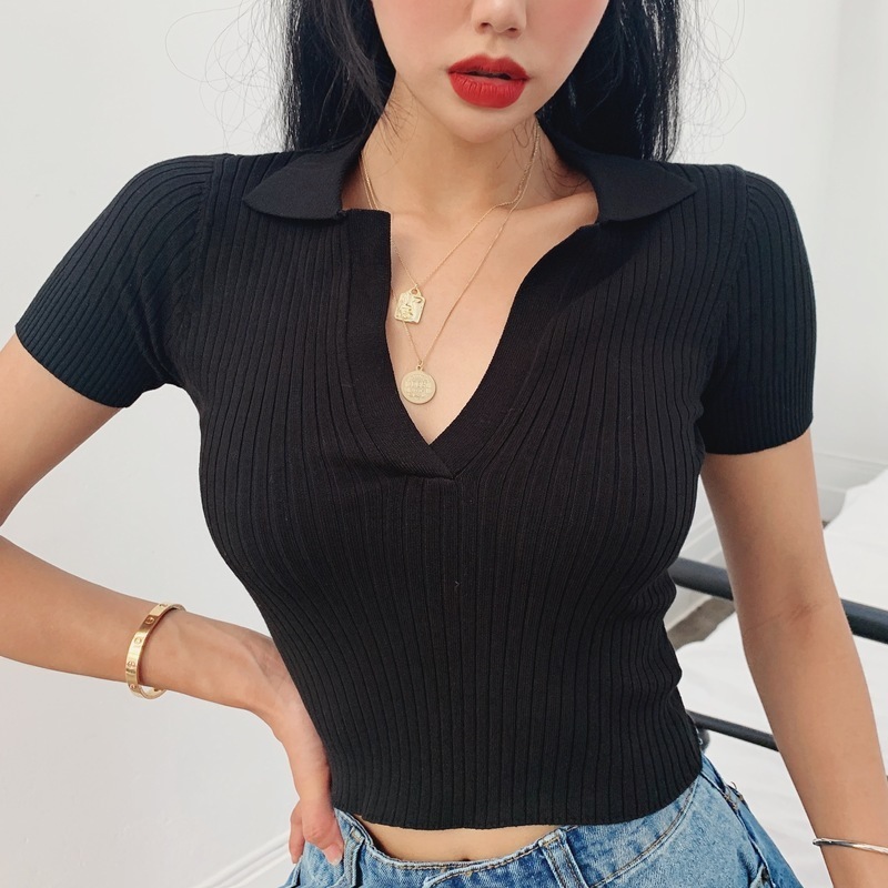 Women's Polos Sexy Knitted Slim Tshirts Summer Fashion Women Solid Color Cropped Tops XMMWDC716 230317Z