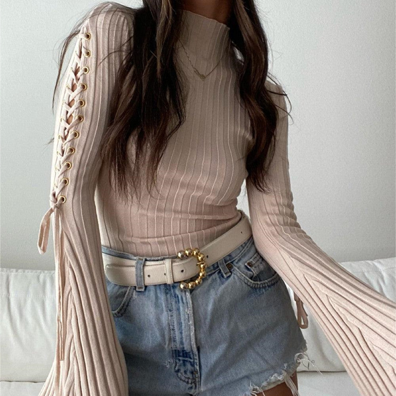 Women's Polos Elegant Lace Up Rib Knit Bodysuit Fashion Outfits Flare Sleeve Casual s Slim Top Autumn Bodycon Romper 230317Z