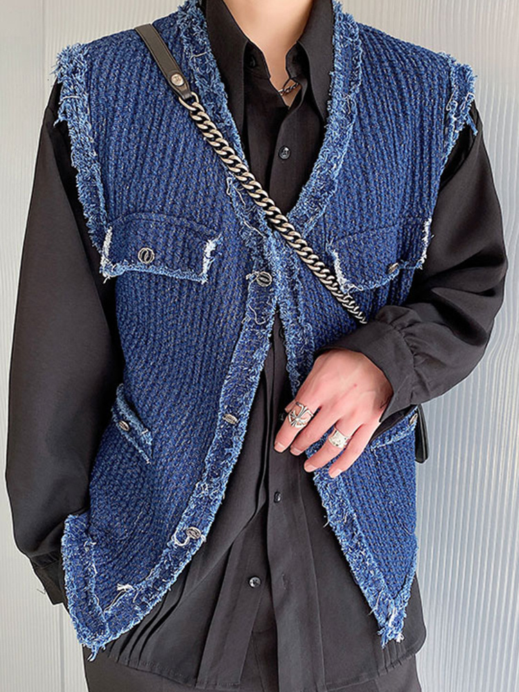 Men's Vests IEFB Korean Style Texture Men Casual Denim Vest 2023 Fashionable Loose Top Solid Color Single Breasted 9A1612 230320