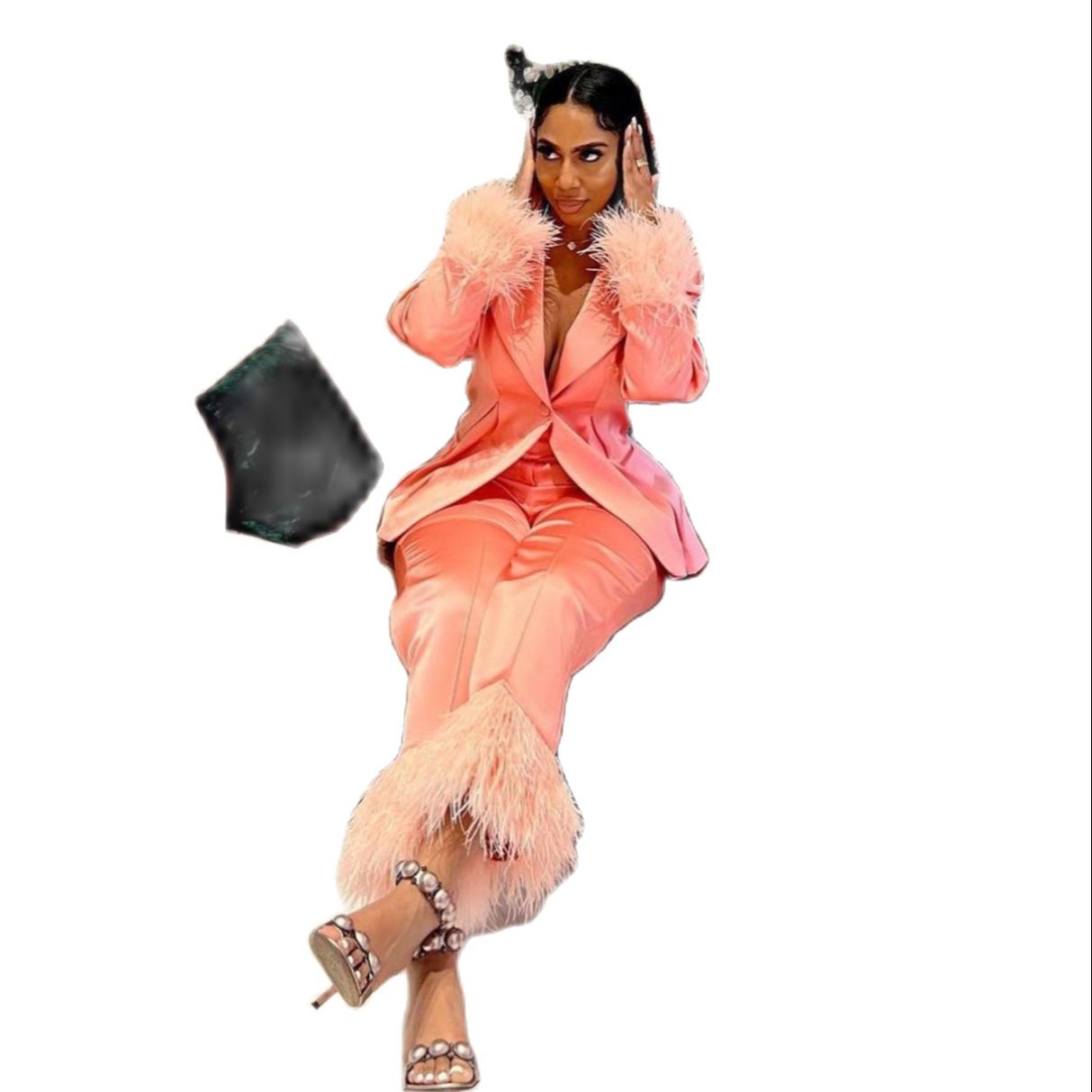 Satin Tailored Women Pants Suits Ostrich Feather Fashion Ladies Prom Formal Guest Wear For Wedding 2 Pieces