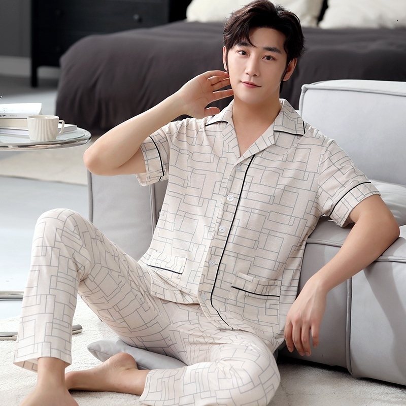 Men's Sleepwear Summer Plus Size Cotton Short Sleeve Long Pants Pajama Sets For Men Casual Striped Sleepwear Suit Homewear Home Clothes 230320