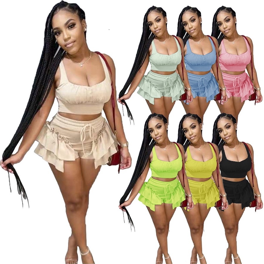 Wholesale Women Women's Tracksuits Two Piece Outfits Short Crop Tank Tops RUFFLES Shorts Elastic Waist Tracksuit Women Two Piece Set designer 950