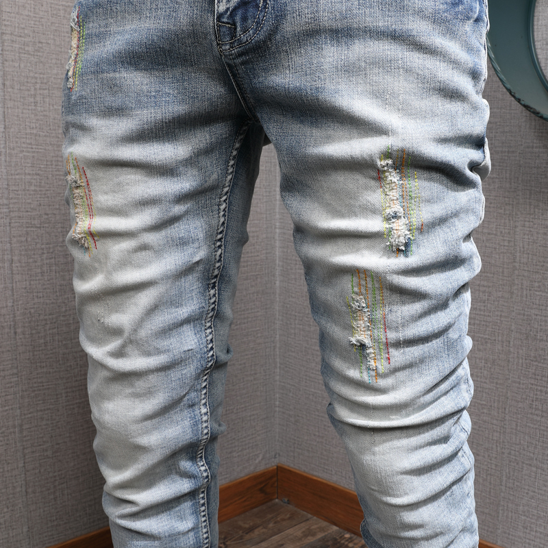 Men's Jeans Mens Classic Vintage Light Blue Ripped Men Fashion Korean Style Embroidery Straight Slim Fit Denim Pants 230320