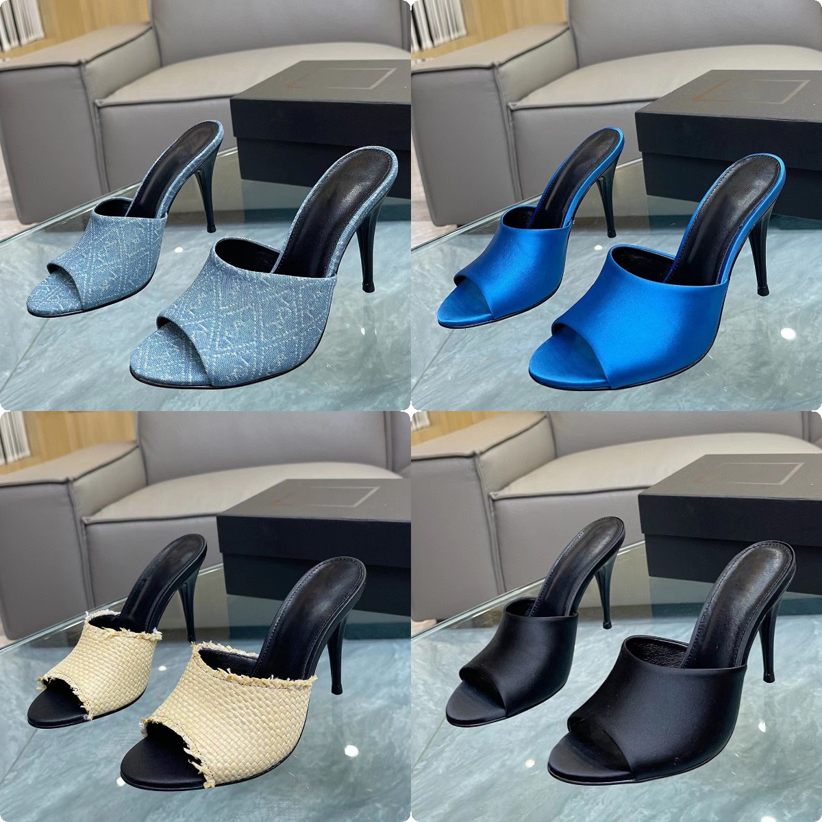 SUITE HEELED MULES IN CREPE SATIN Womens high heeled slippers Fashion denim upper pointed open toe 10CM tapered heel Summer luxury Designer factory sexy sandals 34-42, Color4
SUITE HEELED MULES IN CREPE SATIN Womens high heeled slippers Fashion denim upper pointed open toe 10CM tapered heel Summer luxury Designer factory sexy sandals 34-42, Color4
