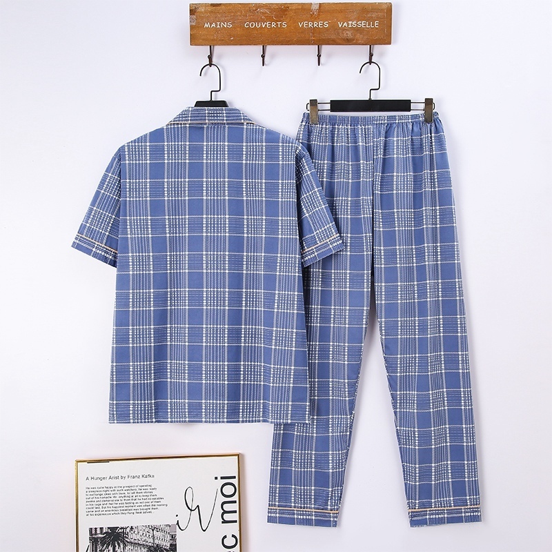 Men's Sleepwear Summer Plus Size Short Sleeve Long Pants Cotton Pajama Sets for Men Korean Casual Plaid Sleepwear Male Homewear Clothes 230320