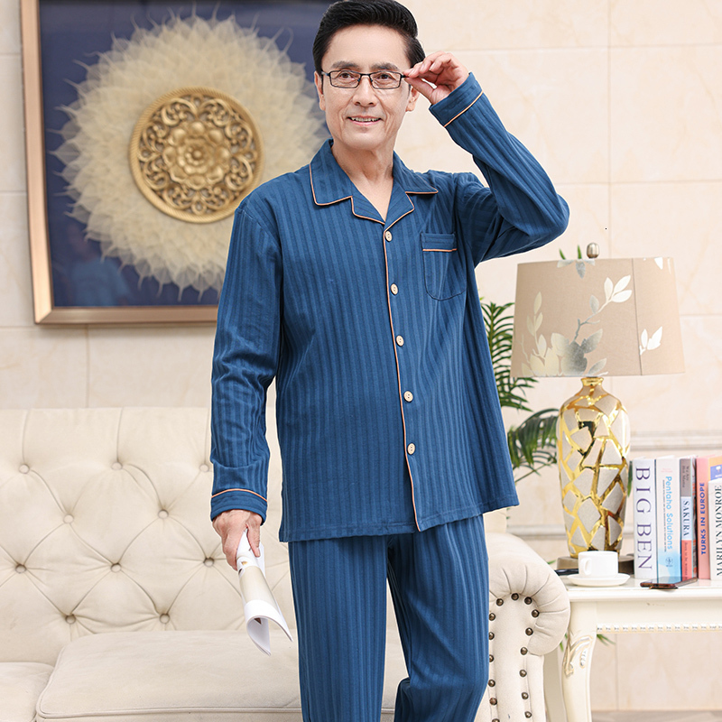 Men's Sleepwear Spring Autumn 100% Cotton Pajamas for Men Long Sleeve Sleepwear Stripe Turn-down Collar Nightgown Suit Large Size M - 4XL 230320