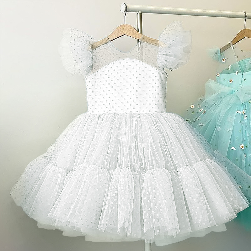Girl's Dresses 4-10T Kids Girls Elegant Dress for Evening Party Little Girl Dots Tulle Princess Gown Children Clothing Blue Wedding Vestidos 2303