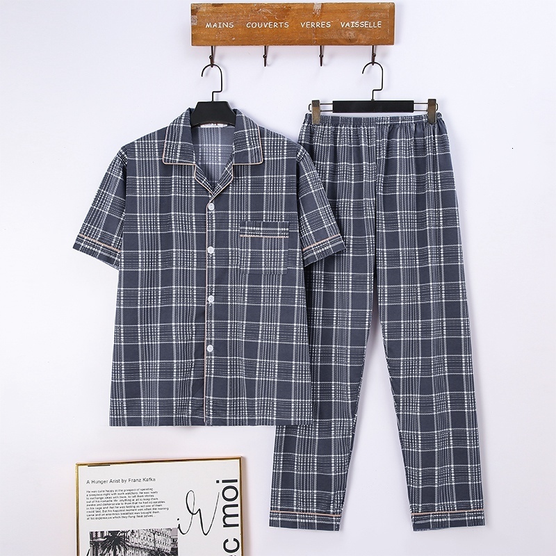 Men's Sleepwear Summer Plus Size Short Sleeve Long Pants Cotton Pajama Sets for Men Korean Casual Plaid Sleepwear Male Homewear Clothes 230320