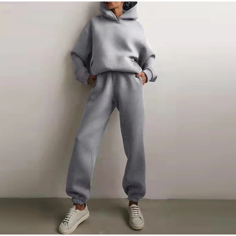 Women's Tracksuits Casual Solid Long Sleeve Hooded Sport Suits Autumn Warm Hoodie Sweatshirts and Long Pant Fleece Two Piece Sets