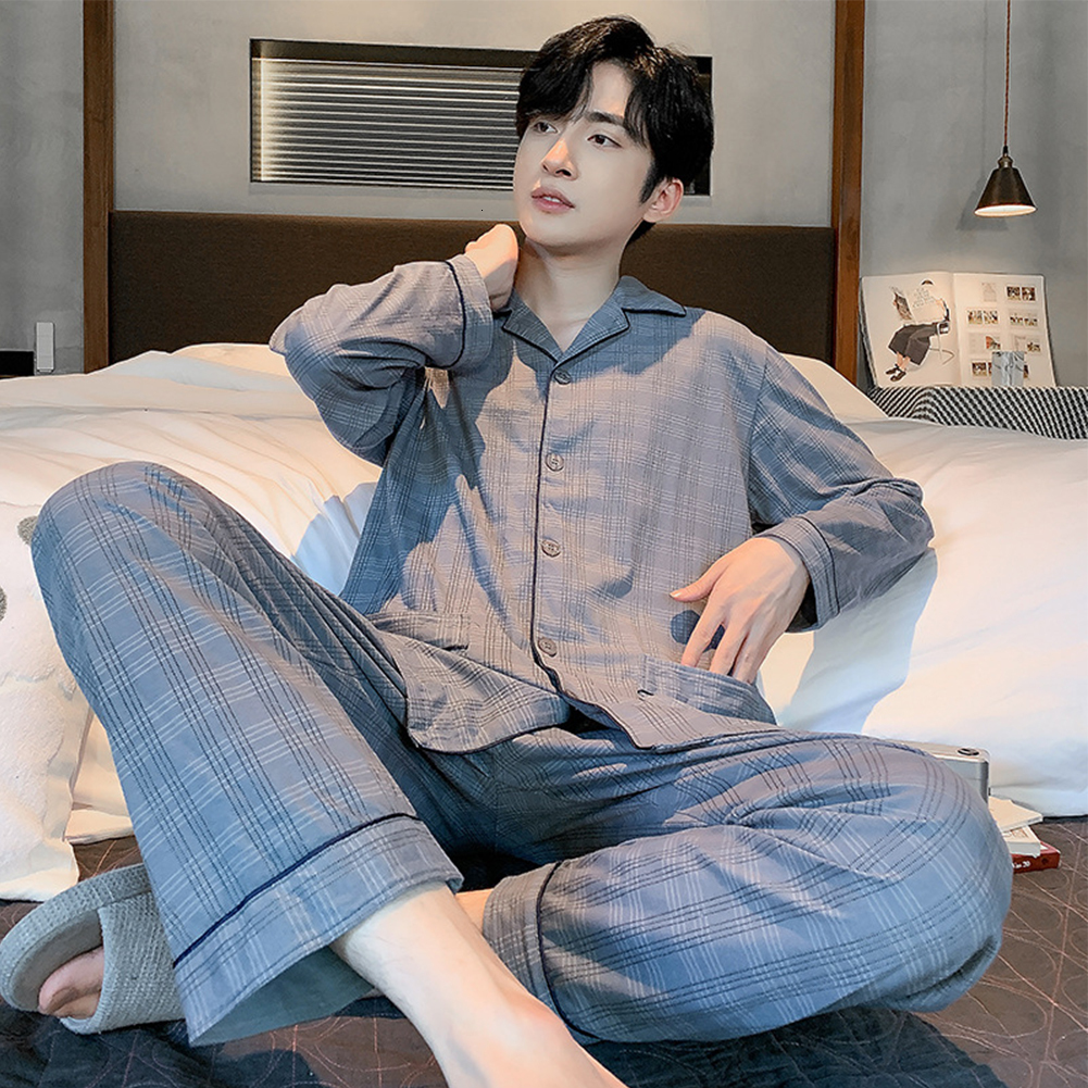 Men's Sleepwear Men Cotton Flannel Pyjamas Set Long Sleeve Top Plaid Bottoms Sleepwear Nightwear Spring Autumn Cotton Pijama For Men 230320