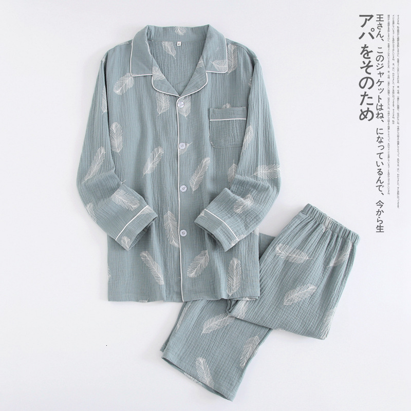 Men's Sleepwear Autumn Men's Crepe 100% Cotton Gauze Suit Long Sleeves Trousers Mens Pajama Set Men Sleepwear Cartoon Nightwear 2 Piece Set 
