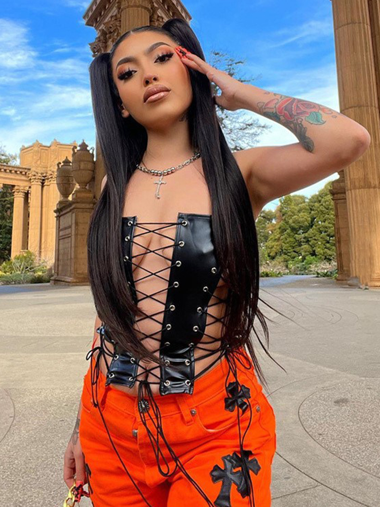 Women's Tanks Camis Corset Top Sexy Tube Bandage Gothic Clothes Hollow Out Night Club Outfit Y2k Streetwear Rave Punk Festivals Outfits 230317