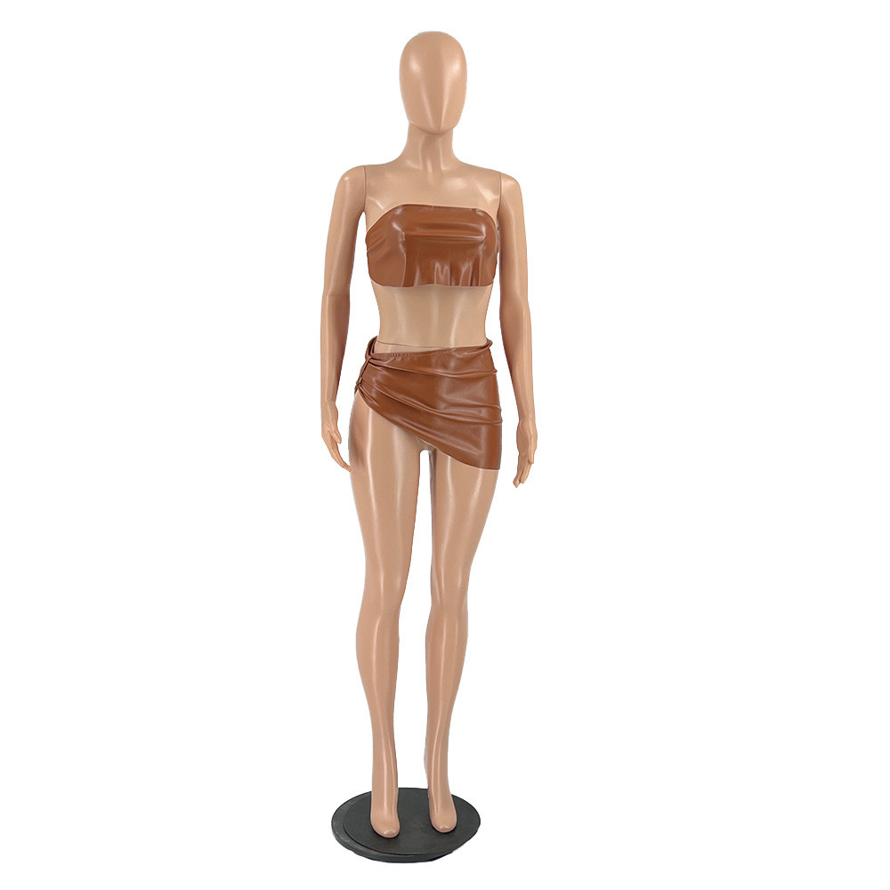 Designer Summer Leather Dress Sets Women Strapless Crop Top and Mini Skirt Two Piece Sets Casual PU Skirt Suits Bulk Clothes 9509