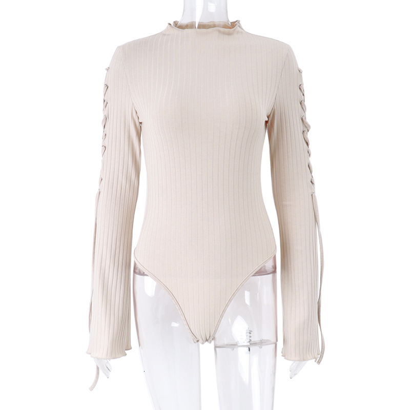 Women's Polos Elegant Lace Up Rib Knit Bodysuit Fashion Outfits Flare Sleeve Casual s Slim Top Autumn Bodycon Romper 230317Z