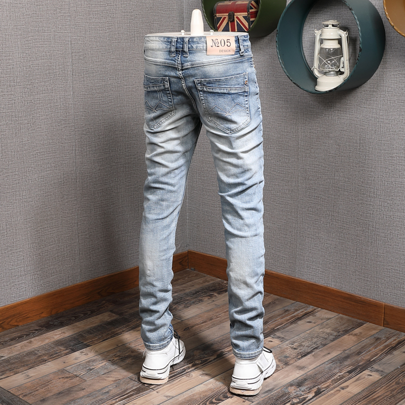Men's Jeans Mens Classic Vintage Light Blue Ripped Men Fashion Korean Style Embroidery Straight Slim Fit Denim Pants 230320