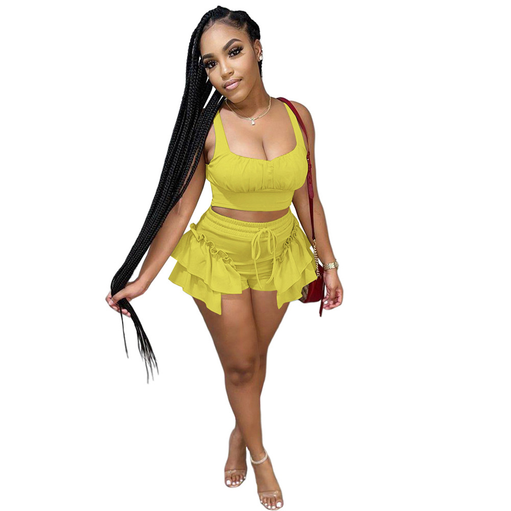 Wholesale Women Women's Tracksuits Two Piece Outfits Short Crop Tank Tops RUFFLES Shorts Elastic Waist Tracksuit Women Two Piece Set designer 950