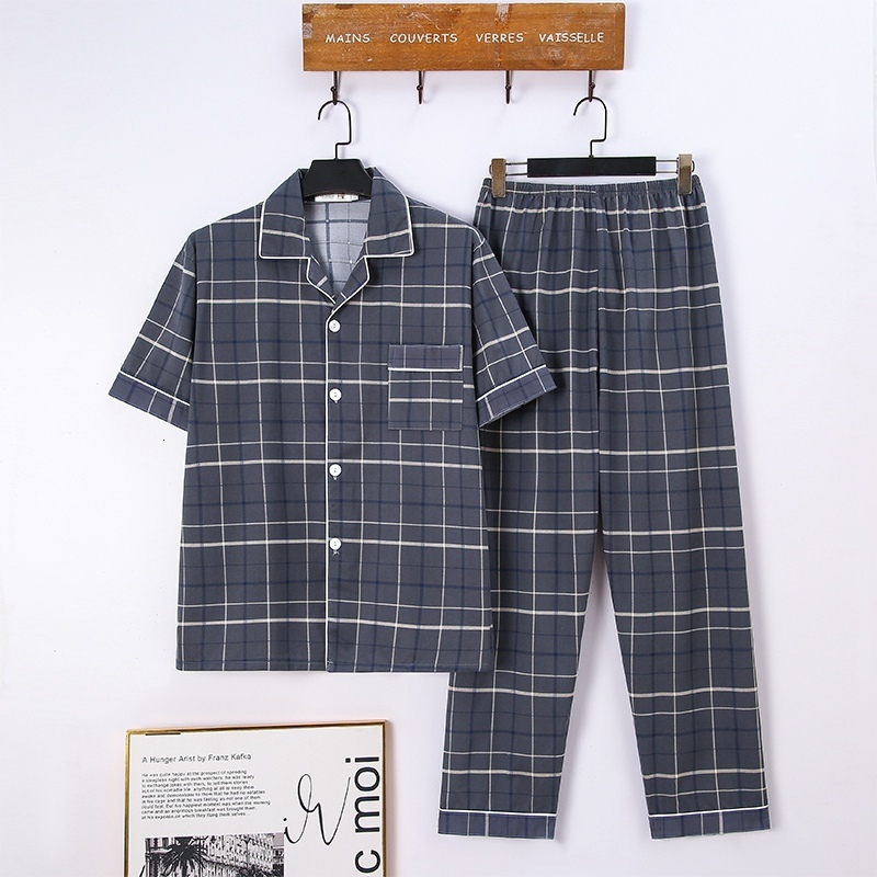 Men's Sleepwear Summer Plus Size Short Sleeve Long Pants Cotton Pajama Sets for Men Korean Casual Plaid Sleepwear Male Homewear Clothes 230320