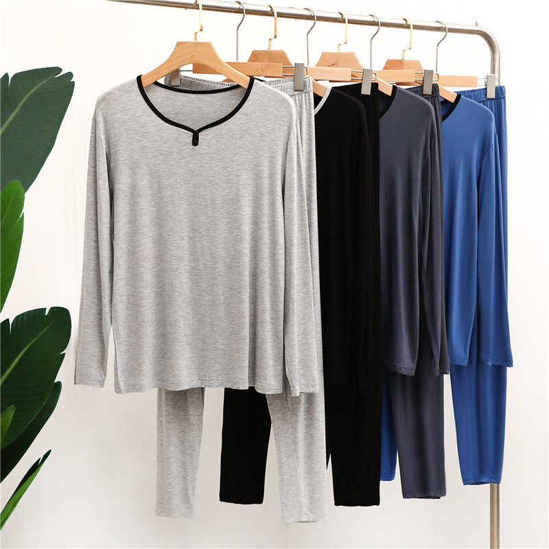 Men's Sleepwear Spring Summer Modal Men's Sleepwear Sets Long Sleeve V Neck Pajamas For MaleSoft Loose Homewear Solid Lounge Wear 2 Pieces/S