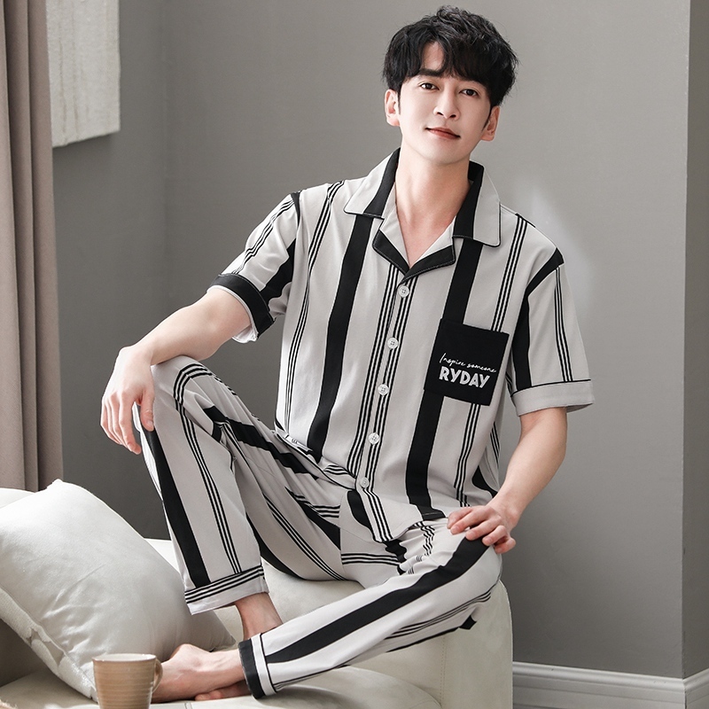 Men's Sleepwear Summer Plus Size Cotton Short Sleeve Long Pants Pajama Sets For Men Casual Striped Sleepwear Suit Homewear Home Clothes 230320