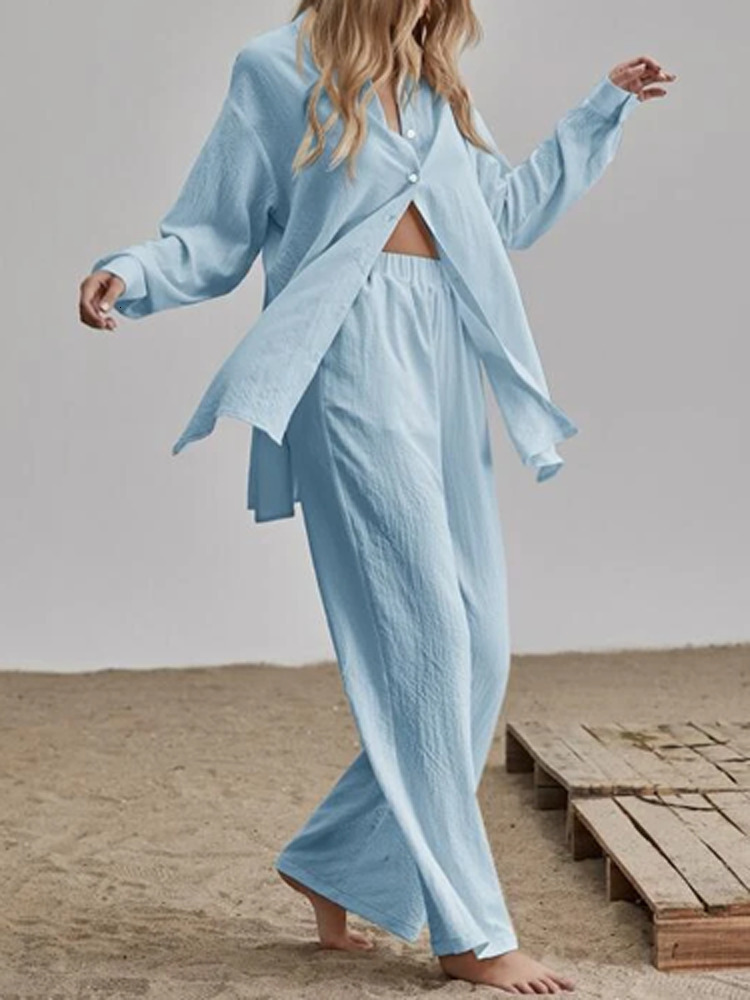 Womens Two Piece Pants Cotton Linen Long Sleeved Temperament Suit Single Breasted Slit Shirt Wide Leg Pants Lady 2pc Set Summer Loose Outfit 230320