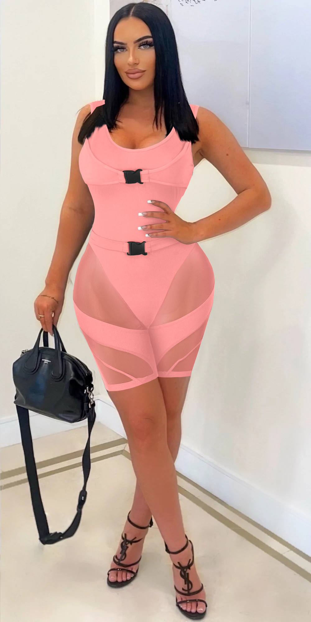 2023 Designer Summer Mesh Patchwork Rompers Women Sleeveless Jumpsuits Sexy See Through Bodycon Playsuits Casual One Piece Overalls Wholesale Clothes 