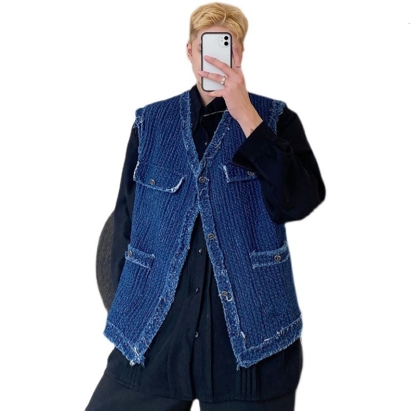 Men's Vests IEFB Korean Style Texture Men Casual Denim Vest 2023 Fashionable Loose Top Solid Color Single Breasted 9A1612 230320