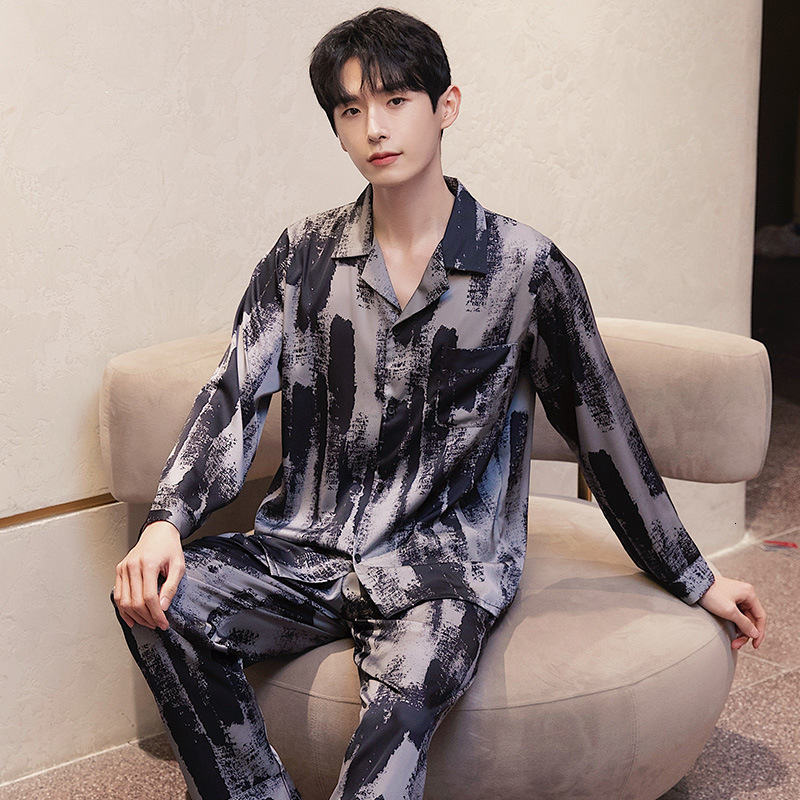 Men's Sleepwear Men's Satin Pajamas Senior Thin Men's Leisure Pajamas Large Size Home Clothes Two-piece Set Men Sleepwear 230320