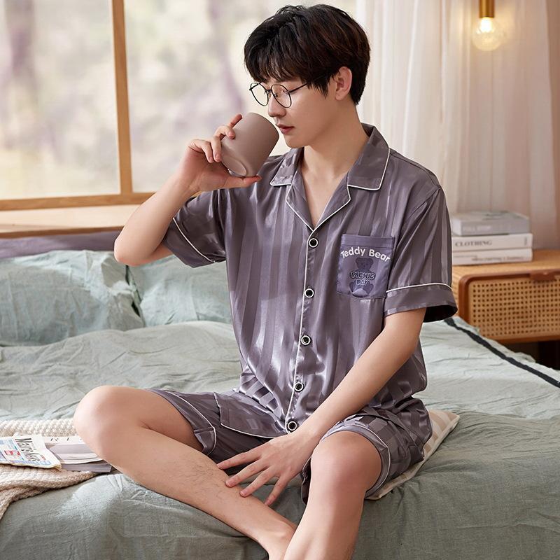 Men's Sleepwear men's pajamas short sleeve shorts pajamas thin ice silk lapel cardigan solid color simple comfortable men's home clothe