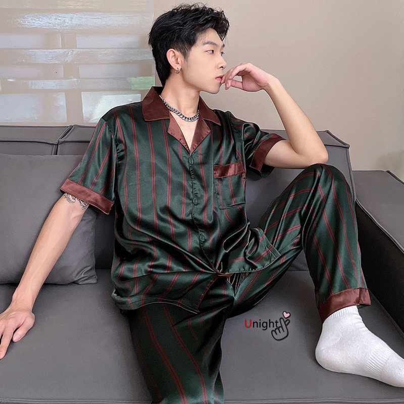 Men's Sleepwear Silk Men Large Size Pyjamas Short Sleeve Men Sleepwear Home Clothes Satin Trousers Stripe Daddy Pajama Set Big Size 4XL 7XL 23032