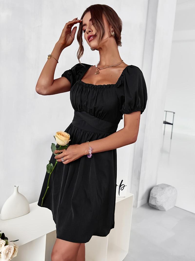 Casual Dresses Off Shoulder Lace Up Dress Square Neck Waist Puffy Sleeve Solid Summer Women's Clothing