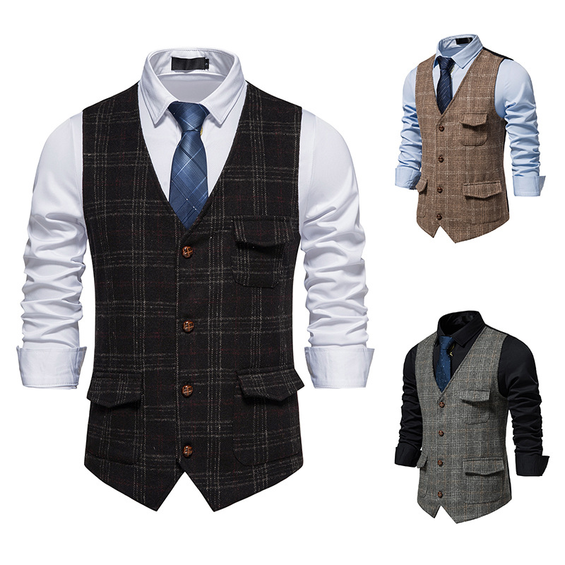 Mens Plaid Tweed Vest Vintage Single-breasted Waistcoat England style Groomsmen Suits Vest For Wedding