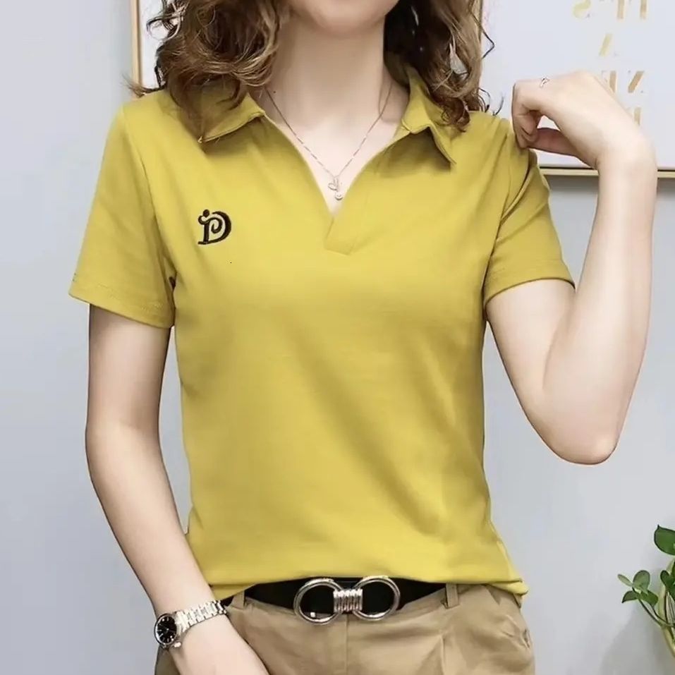 Women's Polos Short Sleeve Tshirt Top Summer Vneck Letter Pullover Knitted Tees Female Clothing Plus Size Ladies Polo 230317Z