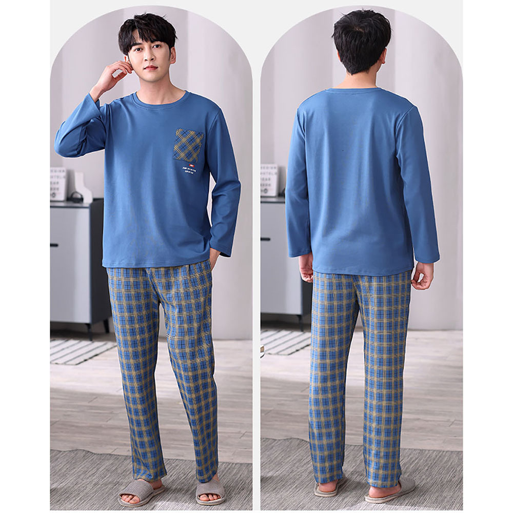 Men's Sleepwear Spring Summer Casual O Neck Sleepwear Fashion Plaid Pants Pajama Sets Comfortable Cotton Pajamas for Men pijama hombre 4XL 230320