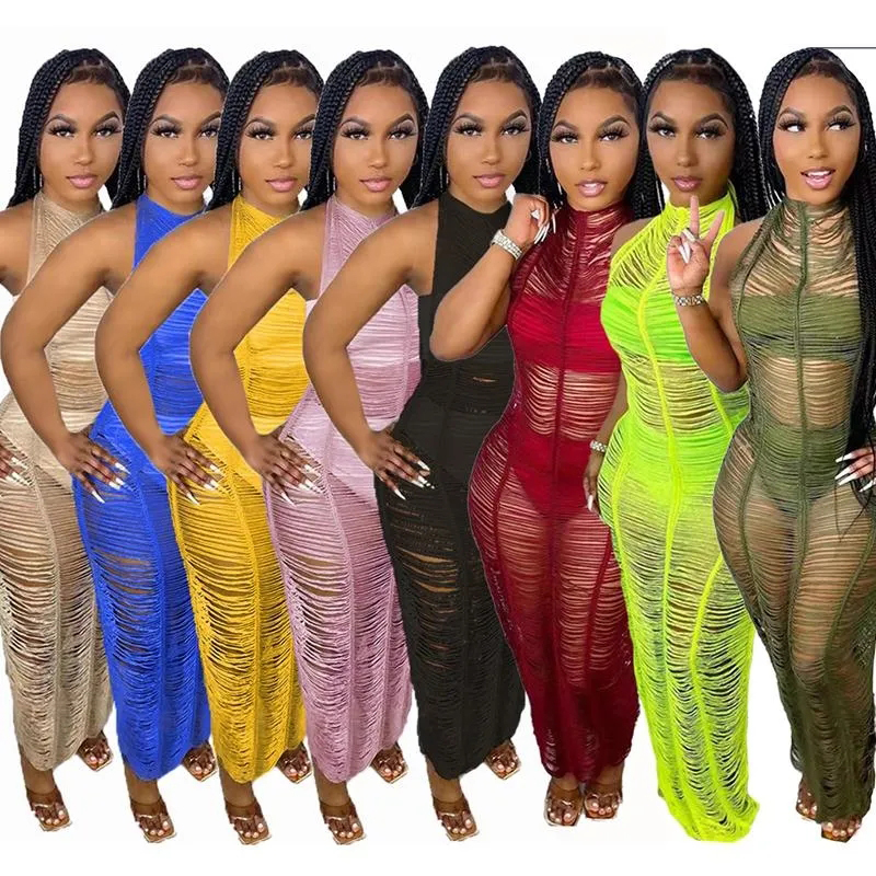 Casual Dresses Sexy Crochet Knitted See Through Long Maxi Beach Dress Summer Sleeveless Halter Backless Cover Up Holiday Vestido