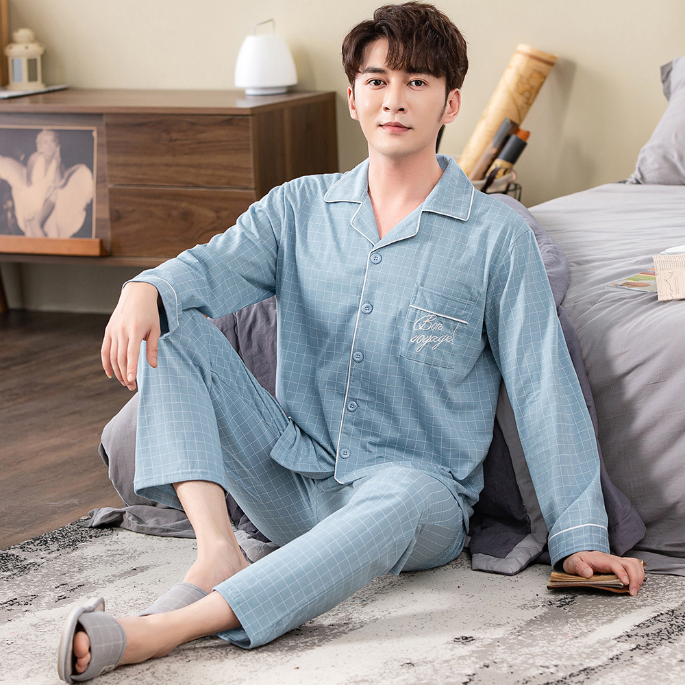 Men's Sleepwear Spring autumn 100%Cotton Pajamas Sets For Men Plaid Sleepwear Suit Casual Home Clothes Pijamas Hombre Loungewear Plus Size 4XL 23