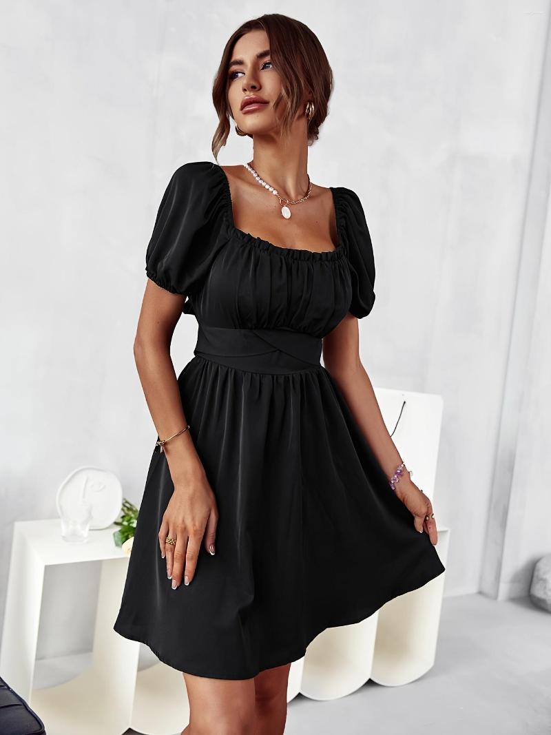 Casual Dresses Off Shoulder Lace Up Dress Square Neck Waist Puffy Sleeve Solid Summer Women's Clothing